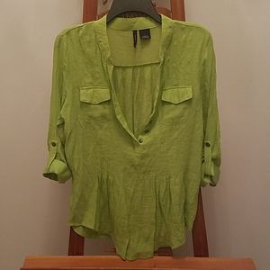 Lime Green Button Up/V-Neck Blouse